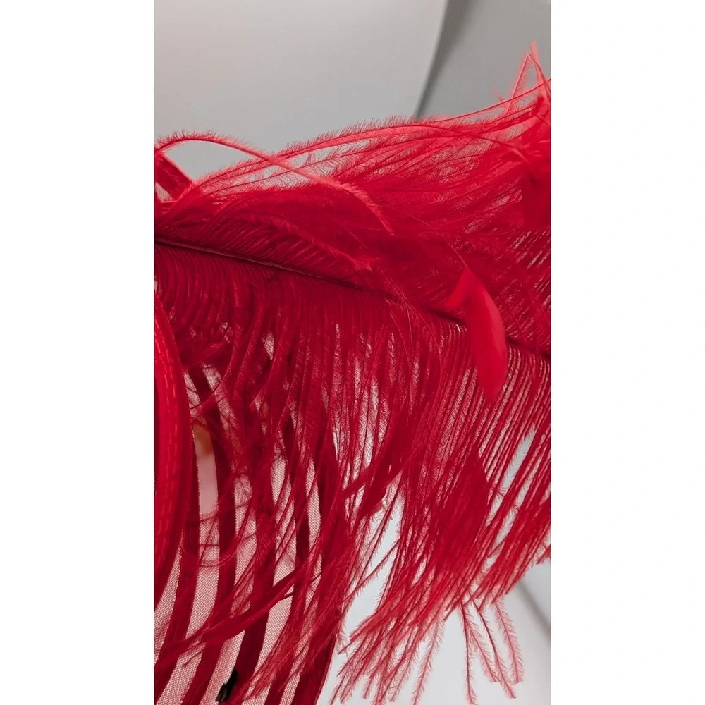 Red Church Stylish Dress Hat Feather Rhinestone Wide Brim Derby Wedding Formal